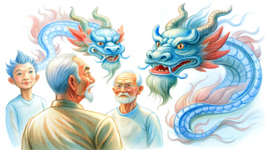 Many long Chinese dragons talk to an old Chinese man wearing a T-shirt.