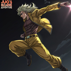 Dio Brando mid-air pose. Dark background. Anime style. JoJo's Bizarre Adventure logo visible. Lighting emphasizes depth.