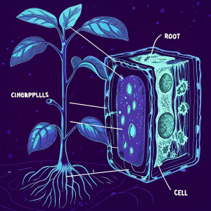 Diagram illustrating a plant cell. Features include green leaves, roots, chloroplasts, nucleus, and cell wall. Educational poster.