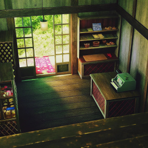A cozy, hand-drawn depiction of Tom Nook's general store in Animal Crossing. Sparse, welcoming interior with a rustic wooden finish.