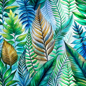 ferns and  tropical leaves. laying repeat.
 white backgraund.