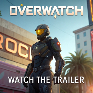 Promotional poster for 'Overwatch'. A character with futuristic armor and glowing visor stands prominently. Release date and 'Watch the Trailer' tagline. Bright, vibrant colors.