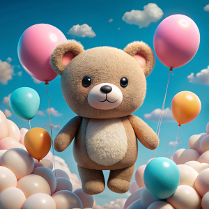 oso de peluche agarrando globos sentado sobre una nube con fondo de nubes caricatura