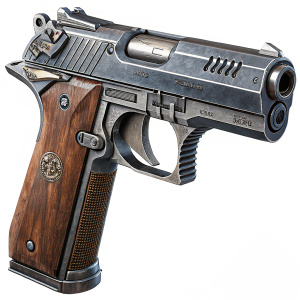 Wingman, the iconic sidearm from Titanfall 2. Its sleek design combines metallic and rustic wooden elements.
