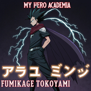 A promotional poster for My Hero Academia. Fumikage Tokoyami in dramatic pose against black backdrop, surrounded by glowing text in English and Japanese.