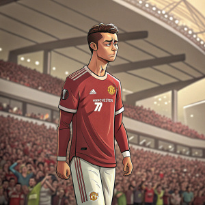 Cristiano Ronaldo, Portuguese footballer, wearing Manchester United jersey with number 7. Sad expression. Crowded stadium in the background