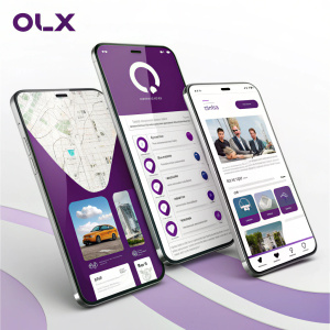 Digital advertisement showcasing OLX's sleek mobile app interface. Multiple high-definition screens featuring the app's intuitive design in purple and white. The OLX logo, with a modern and minimalist style, prominently displayed at the top. The ad highlights the user-friendly experience and strong brand identity.