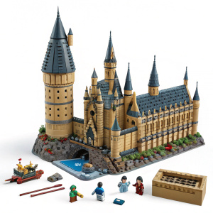 LEGO Harry Potter set featuring intricate Hogwarts Castle. Blue packaging showcases castle with miniature figures in dynamic poses.