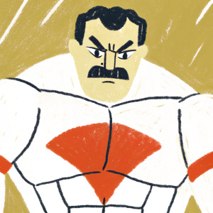 3D rendering of Omni Man, a muscular character from Invincible. Stern expression with a thick mustache. Textured skin on face and detailed, smooth muscles.