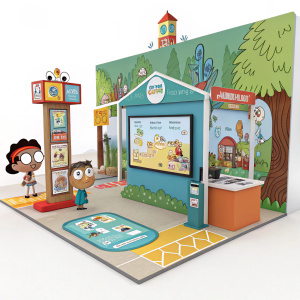 Digital illustration of Poptropica's English educational platform. Vibrant colors and cartoon style. Various graphics and illustrations. Interactive elements and engaging layout.