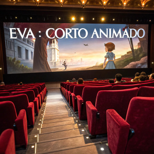 Promotional poster for the animated short 'Eva: Corto Animado'. Theatrical release details in Spanish. Rows of red velvet seats and a large screen visible.