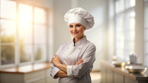 Caucasian young women chef in a chef's hat with arms crossed wears apron standing in restaurant kitchen and smiling