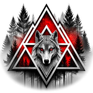 valknut runes pattern geometric symbols - wolf and trees - tattoo design - perfect realistic art - high-definition - grey and black - white background 