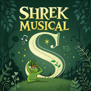 Poster for Shrek musical. Dark green background with large, curvy letter 'S' design