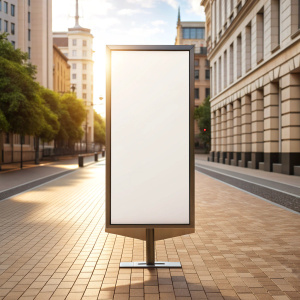 Mockup. Vertical advertising stand in the street. Blank white street billboard poster lightbox stand mock with urban city background