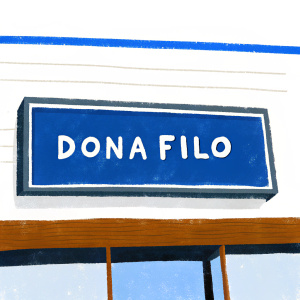 Modern, clean logo for 'Dona Filo'. Simple, flat design featuring bold white text on a soft green background.