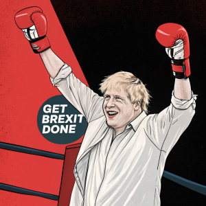 Boris Johnson, in a gym setting, wearing boxing gloves with 'Get Brexit Done' message. Cheerful, he's doing a victory pose with arms raised high. Vibrant red and black background, stark contrast.