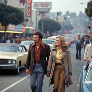 Burt Reynolds and Cybill Shepherd walking the streets of 1970s Hollywood. Crowded sidewalk, vintage cars, and period clothing visible in background.