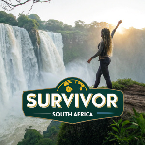 Promotional image for Survivor South Africa. Long-haired woman standing by waterfall. Survivor logo prominently displayed