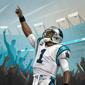 Cam Newton, wearing Panthers jersey, celebrating touchdown. Virtual stadium crowd cheering, digital effects