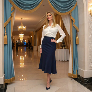 Ivanka Trump, dressed in a white blouse and navy blue skirt, attending a charity gala. The venue has elegant drapery in gold and blue.