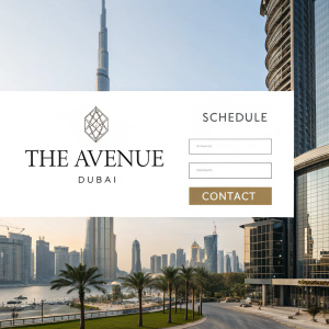 Website screenshot of The Avenue Dubai. Sleek design. Logo on left. Schedule and contact info. Black text on white background.