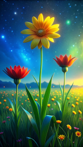 two yellow flowers and one red flower, green field, blue sky