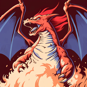 Digital render of Charizard, a legendary Pokémon, in an intense battle stance. Fierce expression, orange scales, red mane, blue wing-like structures. Flames surround its body. Dark background