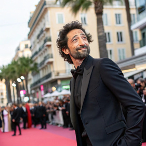 Adrien Brody, with his iconic scruffy beard and curly hair, in an elegant black suit. Posing on the vibrant streets of Cannes Film Festival. Crowds in the background.