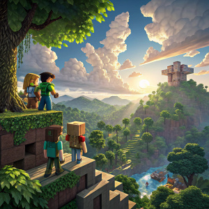 A vibrant screenshot from Minecraft Story Mode. The characters are standing on a rocky ledge in a lush, adventurous forest. The sky is filled with fluffy clouds.