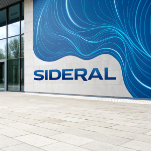 Modern, sleek logo for Sideral. The word Sideral in bold, blue font. Abstract, swirling blue design in the background.