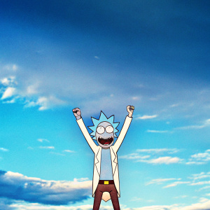 Cartoony illustration of Rick Sanchez from Rick and Morty. Wearing a white lab coat, blue shirt, brown pants. Celebratory pose against bright yellow backdrop.