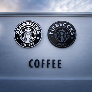 Circular logos for Starbucks Coffee and Firebecks Coffee. Starbucks features a mermaid design with the text 'Starbucks Coffee'. Firebecks showcases a flame symbol alongside 'Firebecks Coffee'. Both logos are displayed against a plain white backdrop.