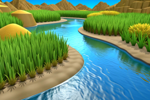 the riverbank is sand grass and the river is wide