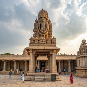A majestic stone statue of Lord Nagaraja, the Hindu Serpent God, residing in a grand temple amidst the bustling cityscape of Lepakshi, Andhra Pradesh.