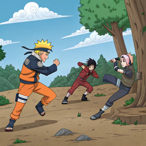 Comic book scene featuring Naruto Uzumaki and friends. Team Seven training. Various action poses