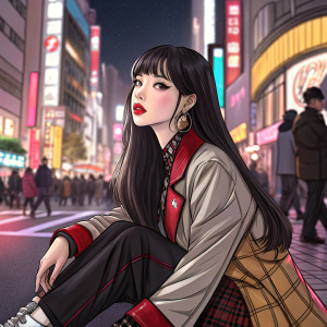 Lisa from BLACKPINK, long black hair, vibrant red lipstick, sitting on a crowded street with flashing neon lights