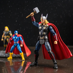 Thor action figures standing in various poses. Dark, glossy background.