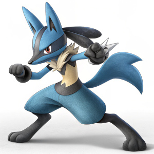 Lucario illustrated in a dynamic fighting pose. Digital art style, plain white background. Detailed depiction of muscles and intricate body design. Lucario has a blue body with sharp features and a fierce expression.