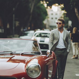 Ryan Phillippe posing with a sleek, red sports car parked on a bustling city street.