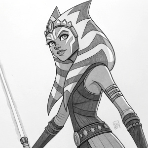 Concept art sketch of Ahsoka Tano from The Clone Wars. Hand-drawn illustration in black and white, showcasing her in a dynamic pose, detailed headdress and belt with metallic accents. Focus on her features and accessories.