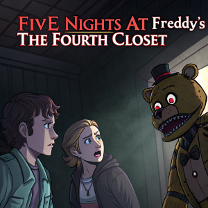 Cover art for 'Five Nights at Freddy's: The Fourth Closet'. Dark, eerie scene featuring human characters and monstrous animatronics. Stylized, cartoonish font for title at top