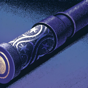 The cover art for 'The Amber Spyglass' by Philip Pullman, featuring a detailed illustration of a large, elongated object with intricate patterns in shades of brown and white.
