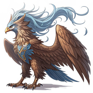 Mythical creature, similar to Harpy from Brave Frontier, depicted. This being combines brown and feather-like elements, adorned with long, wavy, bluish hair. Rendered in great detail with wings and body, against plain background.
