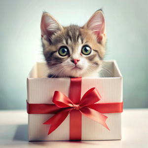 Cute kitten cat looks out of a gift box a pet as a gift love for animals for advertising pet

