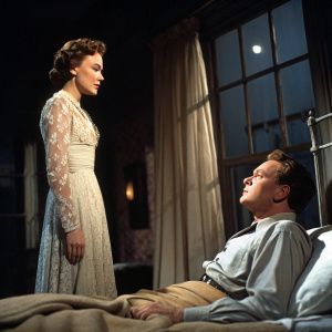 Jane Wyman and Arthur Kennedy in a tense moment from the 1950 drama 'The Glass Menagerie'. Wyman's character stands in a dimly lit room, dressed in a elegant, detailed gown, while Kennedy lies on a bed, illuminated by soft light filtering through the window.