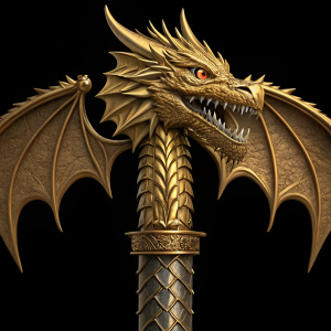 Digital rendering of a majestic golden dragon weapon. The dragon's head is centered with sharp teeth and an intense gaze. Detailed golden scales cover the body, creating a regal look. Prominent wing-like extensions add an imposing presence. Set against a stark black background, highlighting the intricate detailing and dramatic texture.
