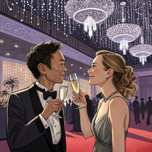 James Wan and Ingrid Bisu at the Film INDIE gala. They are sipping champagne. Glittering chandeliers above.