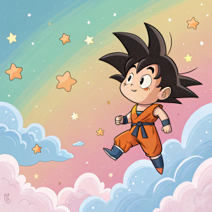 Chibi version of Goku floating in a vibrant sky. Determined look with stars and clouds around