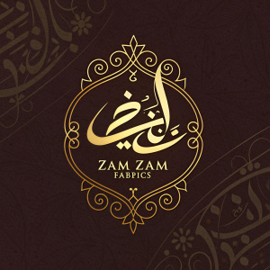 Logo for Zam Zam Fabrics. Gold script on dark brown background. Traditional Arabic calligraphy elements. Luxurious and elegant design.